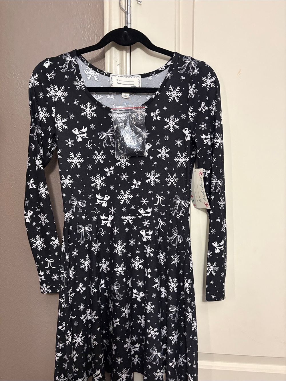 Derek Heart Black Dress with White Snowflake & Bow Print